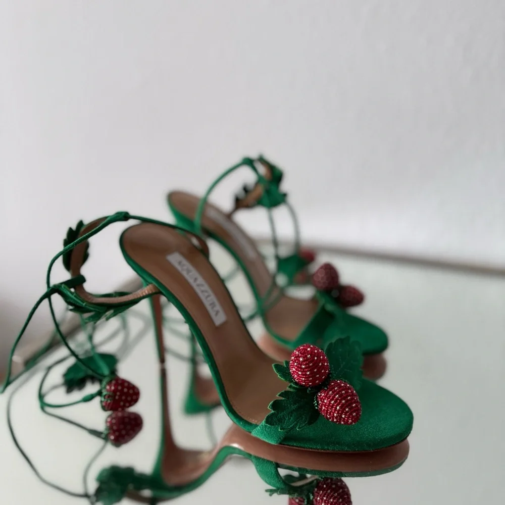 New Aquazzura Green Fragolina 105 Embellished Suede Sandals 37.5 $1,295